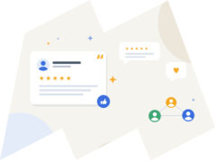 Illustratie van social proof: een klantreview met vijf sterren, reviewbubbels en mensen die ervaringen met elkaar delen